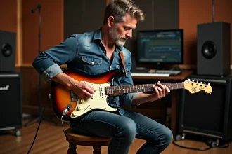 Guitariste professionnel jouant une Fender Stratocaster avec micros Samarium Cobalt Noiseless dans un studio d'enregistrement