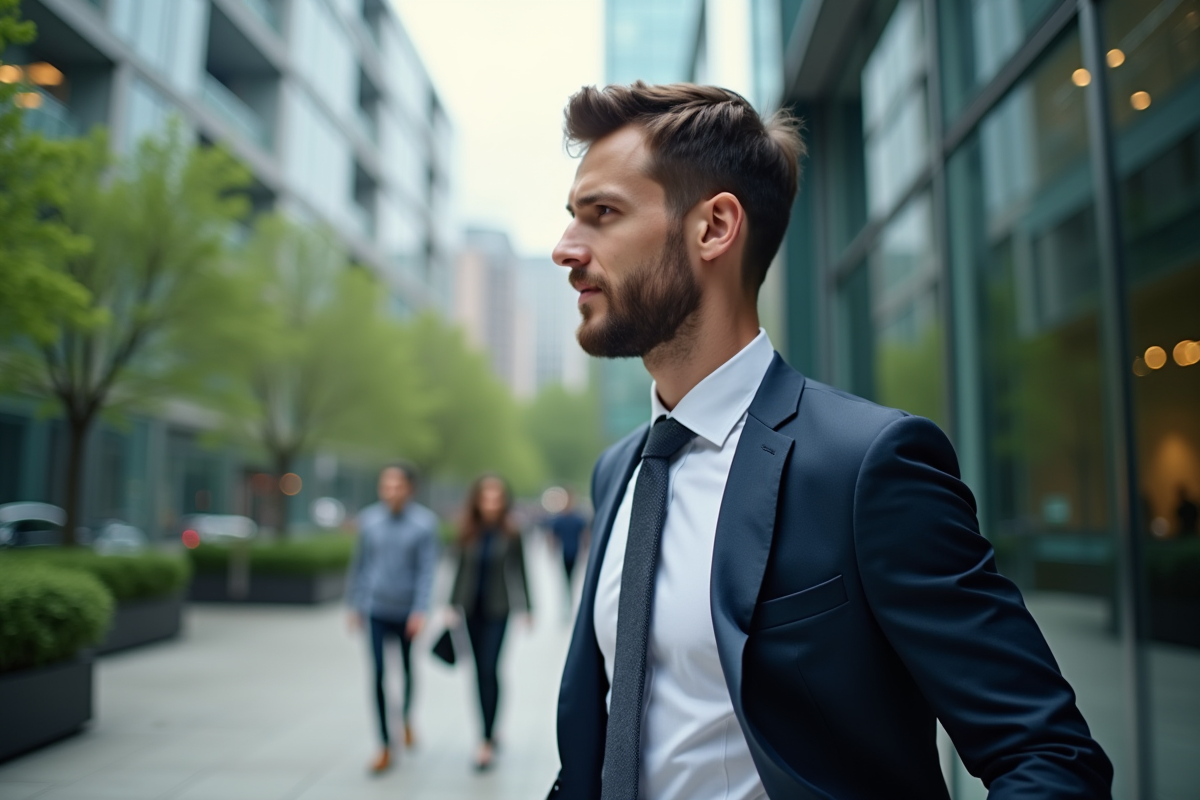 Jeune homme en costume sortant d’un bureau moderne