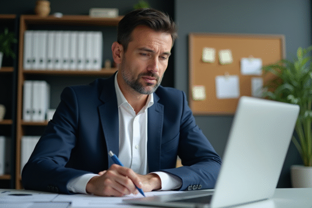 Homme d'affaires en costume bleu examine un tableau sur son ordinateur