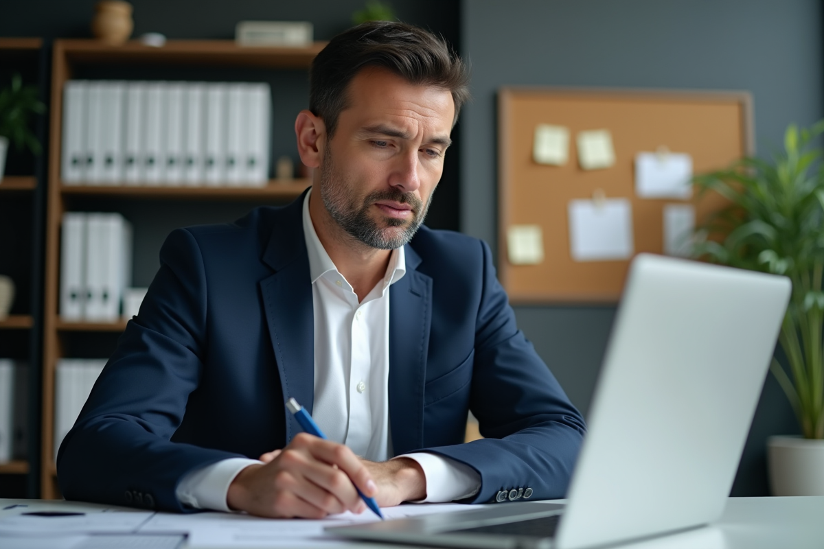 Homme d'affaires en costume bleu examine un tableau sur son ordinateur