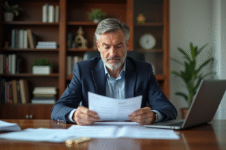 Homme d'affaires examine ses relevés IRA dans un bureau moderne
