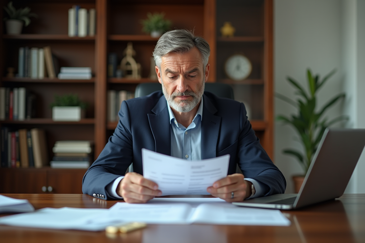 Homme d'affaires examine ses relevés IRA dans un bureau moderne