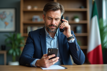 Homme d'affaires au téléphone en Italie dans un bureau moderne