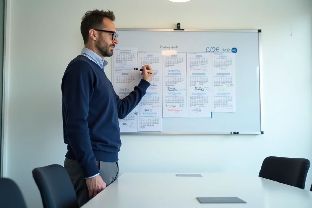 Homme en réunion d'entreprise annotant un calendrier mural imprimé 2026 pour anticiper la planification annuelle