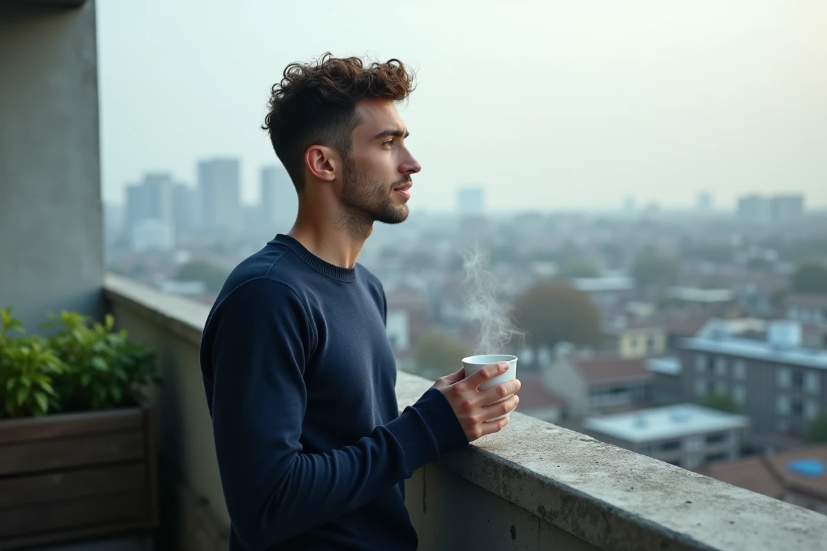 Homme contemplatif sur un balcon urbain tenant un café le matin, évoquant l'intention et la loi de l'attraction lors de l'heure miroir 08h08