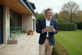 Homme en blazer navy sur la terrasse d'une maison moderne