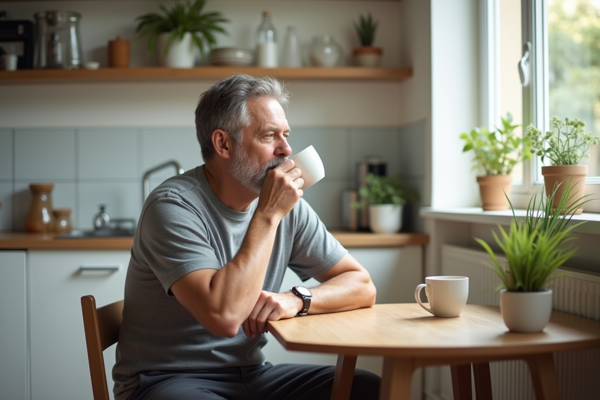 Homme sirotant un café dans une cuisine moderne lumineuse
