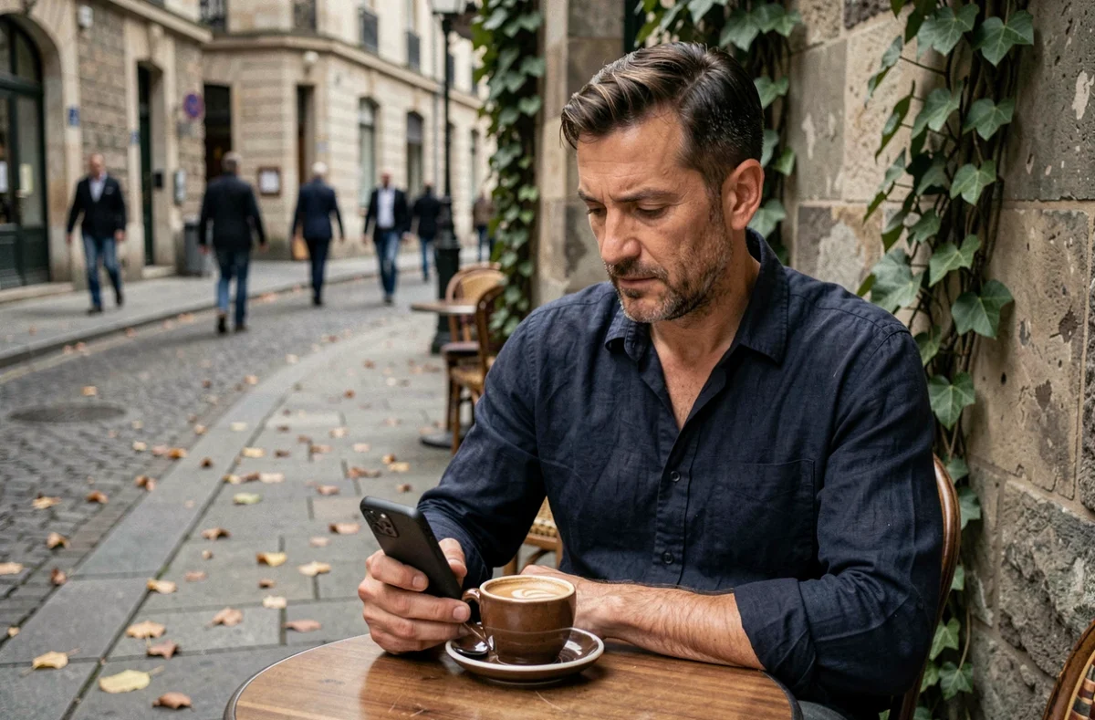 Homme songeur dans un café parisien regardant l'heure 16h16 sur son téléphone posé sur une table en terrasse