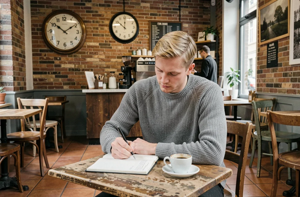Homme dans un café remarquant l'heure 12h12 sur une horloge murale vintage, journal ouvert devant lui