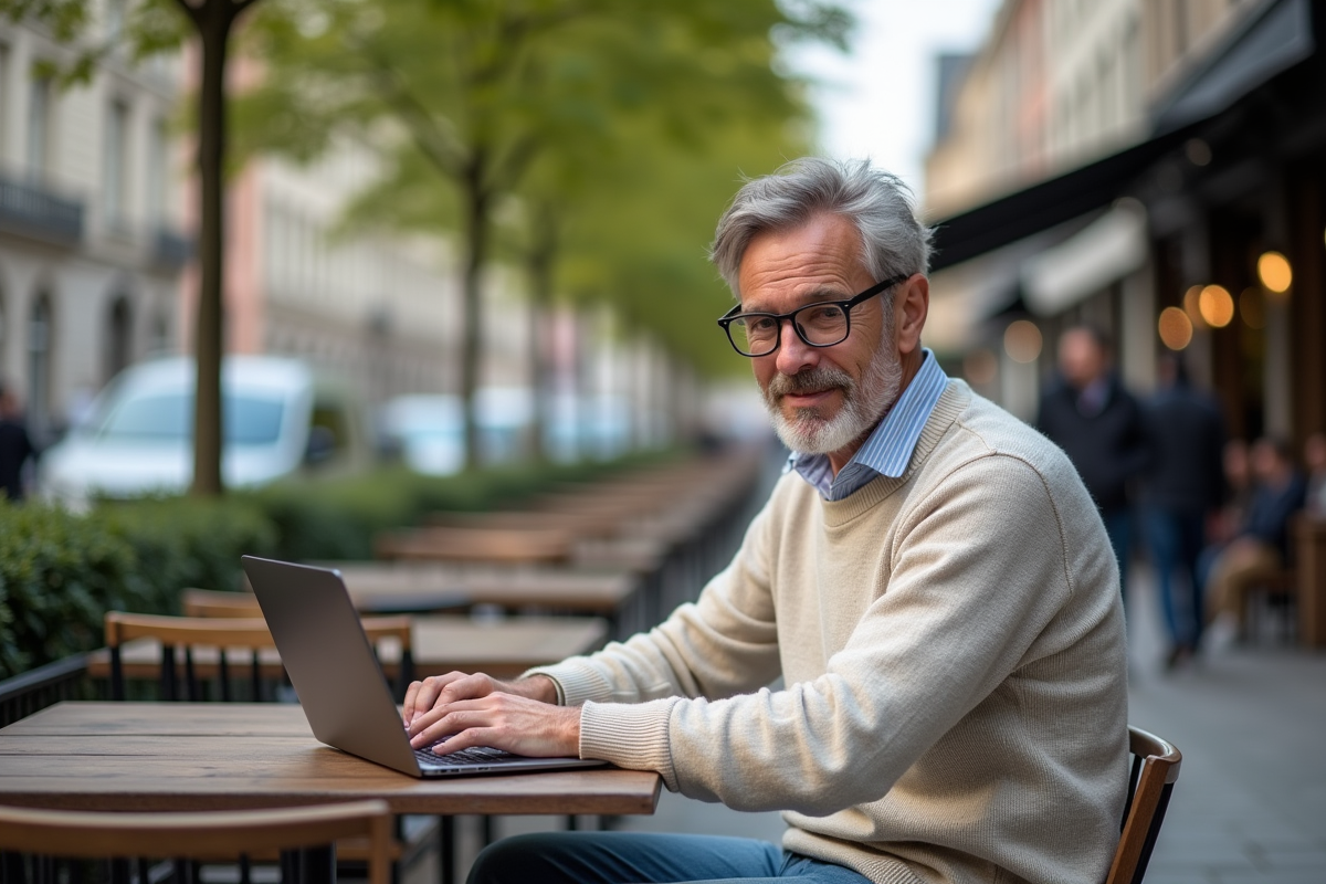 Homme au café travaillant sur son ordinateur portable