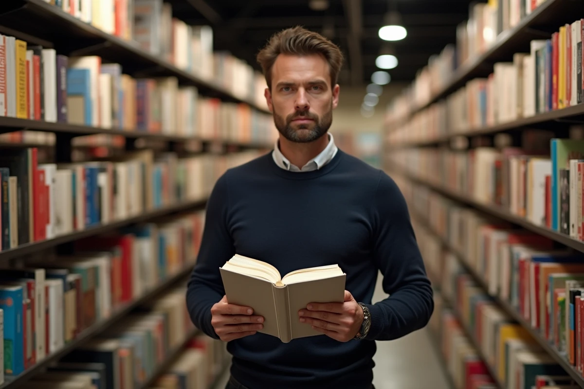 Homme comparant deux couvertures de livres de poche dans une librairie indépendante moderne