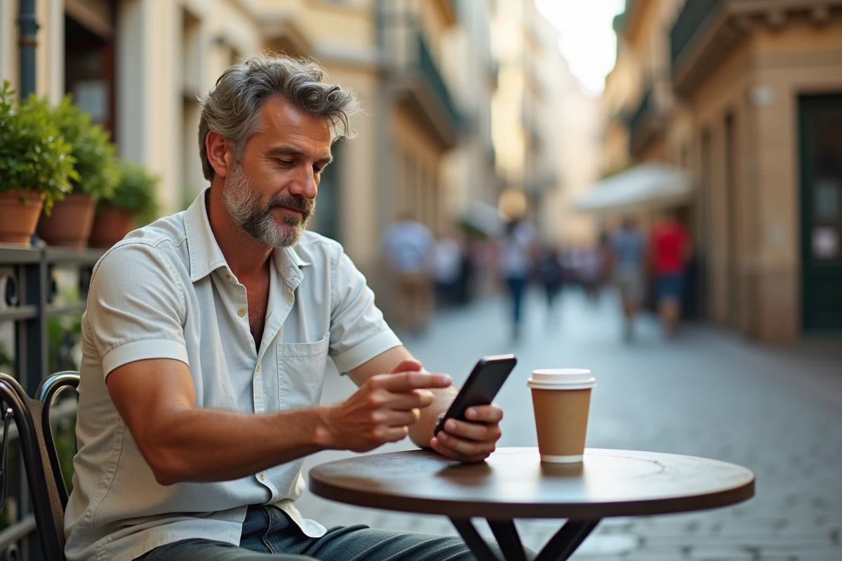 Homme comparant les prix de billets Candle Light 2026 sur son smartphone en terrasse de café en ville