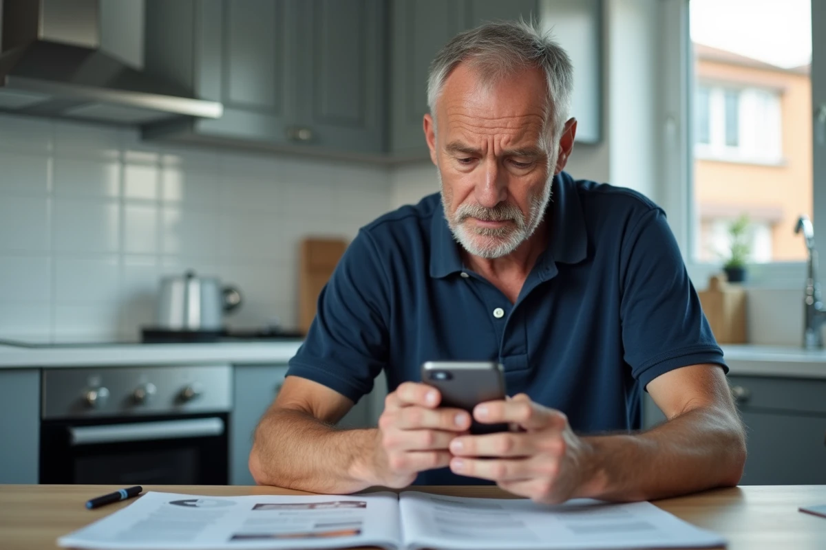 Homme consultant sa réponse du service client sur smartphone avant d'envoyer un mail à Darty
