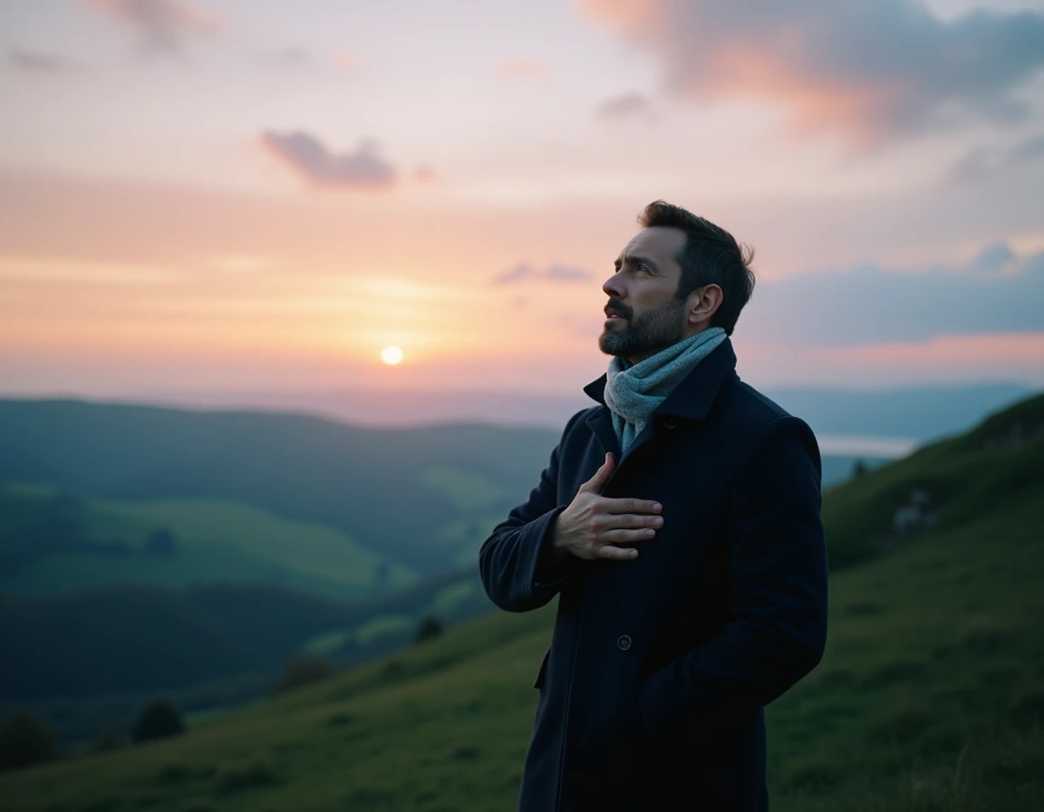 Homme contemplatif sous un ciel vaste symbolisant la quête spirituelle et la découverte de son archange gardien
