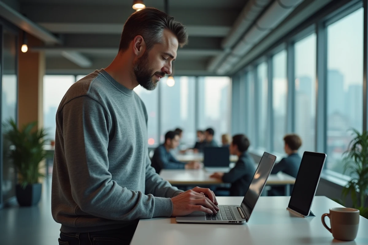 Homme travaillant sur un ordinateur portable et une tablette dans un espace de co-working urbain moderne