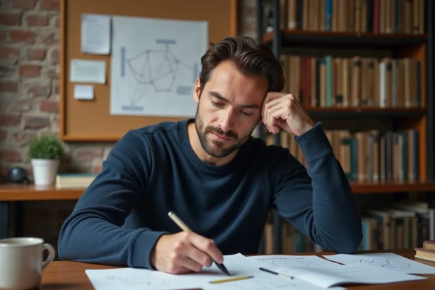 Homme concentré résolvant des énigmes logiques complexes à son bureau avec des schémas et notes manuscrites