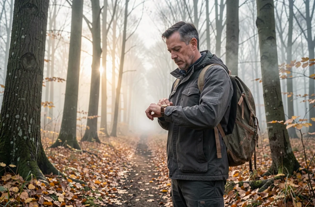 Homme en forêt d'automne consultant une montre indiquant 9h09, évoquant la fin d'un cycle et un nouveau départ