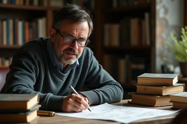 Homme d'âge moyen lisant un diagramme dans sa bibliothèque
