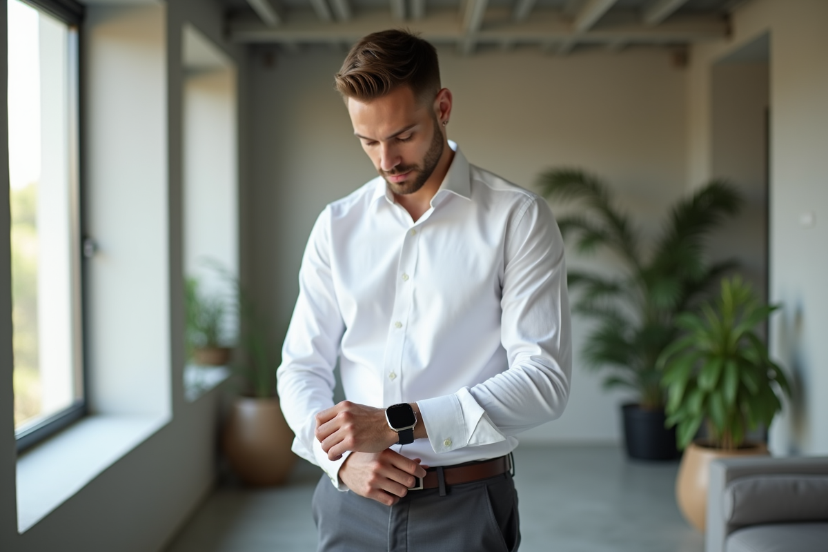 Jeune homme ajustant sa montre dans un appartement moderne