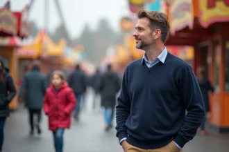 Homme d'âge moyen dans un parc d'attractions animé