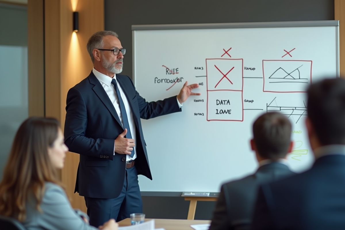 Homme en costume expliquant un diagramme lors d