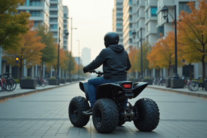 Homme en veste urbaine casque et jeans sur un quad en ville