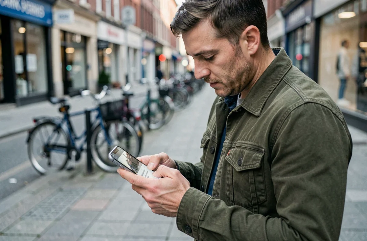 Homme dans la rue cherchant l'adresse d'un site de streaming sur son téléphone mobile en milieu urbain