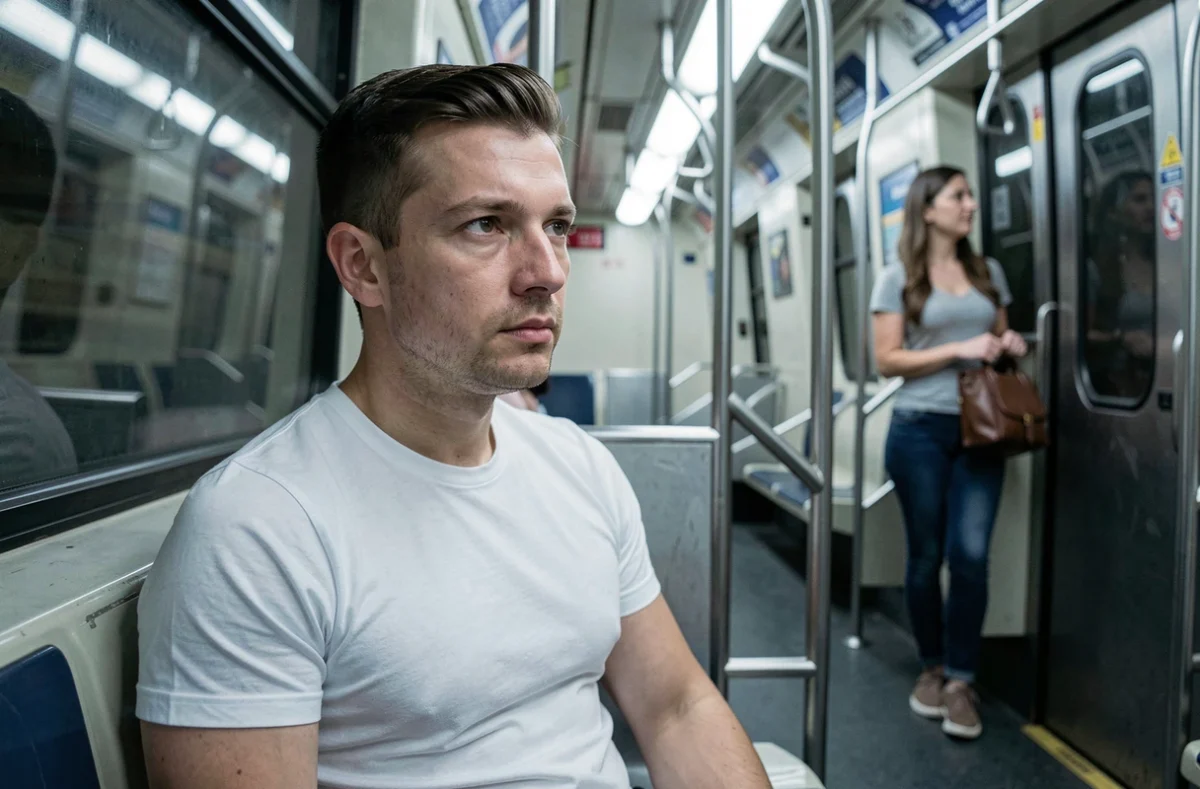 Jeune homme dans le métro regardant discrètement une femme, illustration du regard masculin dans les transports en commun