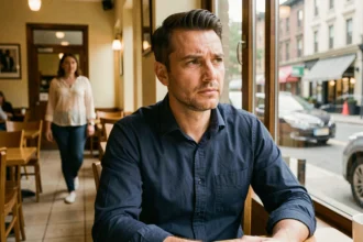 Homme en chemise bleue dans un café regardant pensivement une femme passer, illustrant le regard masculin involontaire