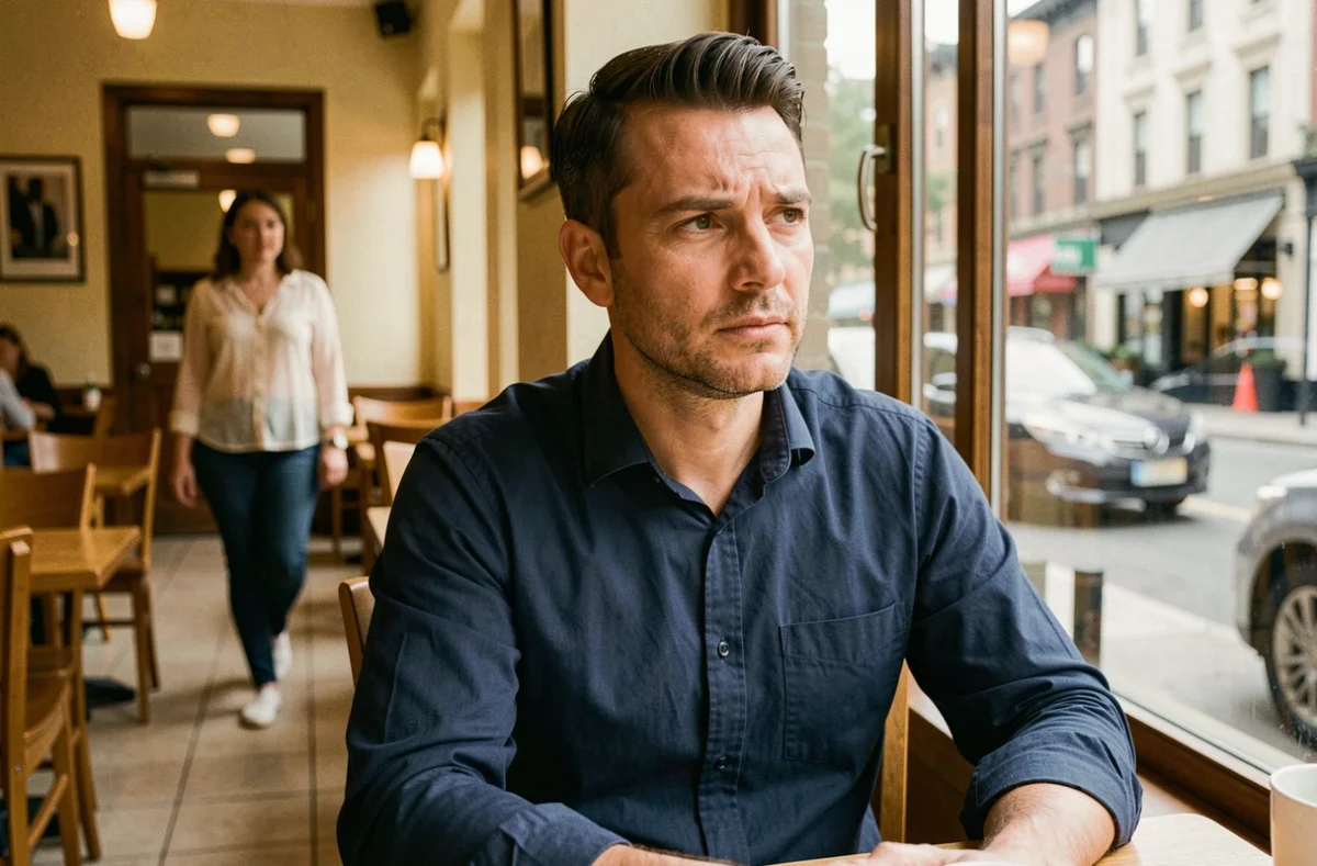 Homme en chemise bleue dans un café regardant pensivement une femme passer, illustrant le regard masculin involontaire