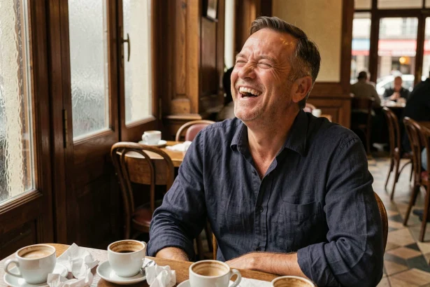 Homme d'âge mûr éclatant de rire dans un bistrot parisien, illustrant l'expression 'blague qui rit sort'