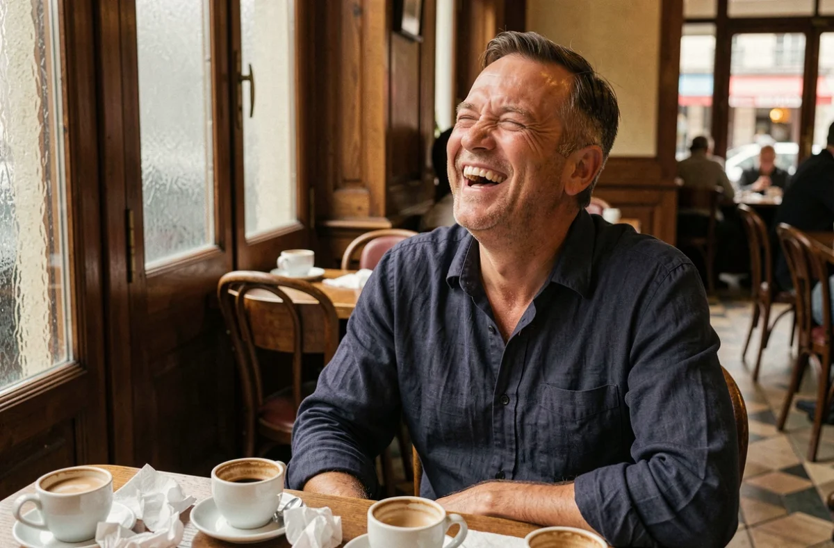 Homme d'âge mûr éclatant de rire dans un bistrot parisien, illustrant l'expression 'blague qui rit sort'