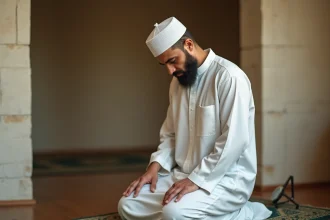 Homme en tenue de prière effectuant le salat sur un tapis de prière à Bordeaux avec une boussole indiquant la direction de la qibla