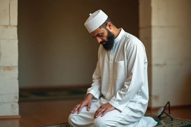 Homme en tenue de prière effectuant le salat sur un tapis de prière à Bordeaux avec une boussole indiquant la direction de la qibla