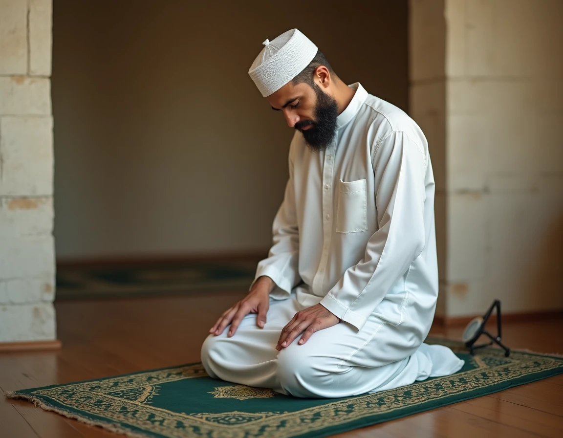 Homme en tenue de prière effectuant le salat sur un tapis de prière à Bordeaux avec une boussole indiquant la direction de la qibla