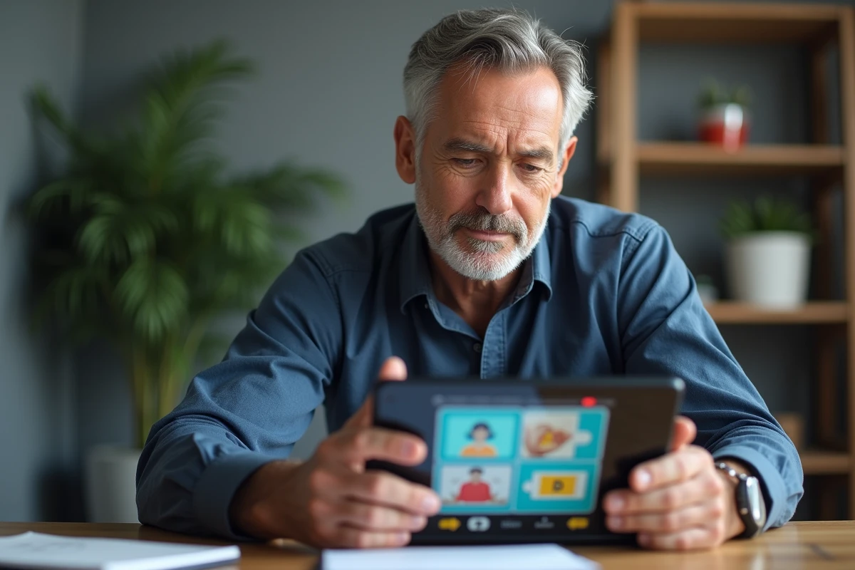 Homme d'âge moyen résolvant un puzzle 4 images 1 mot sur tablette dans un bureau à domicile