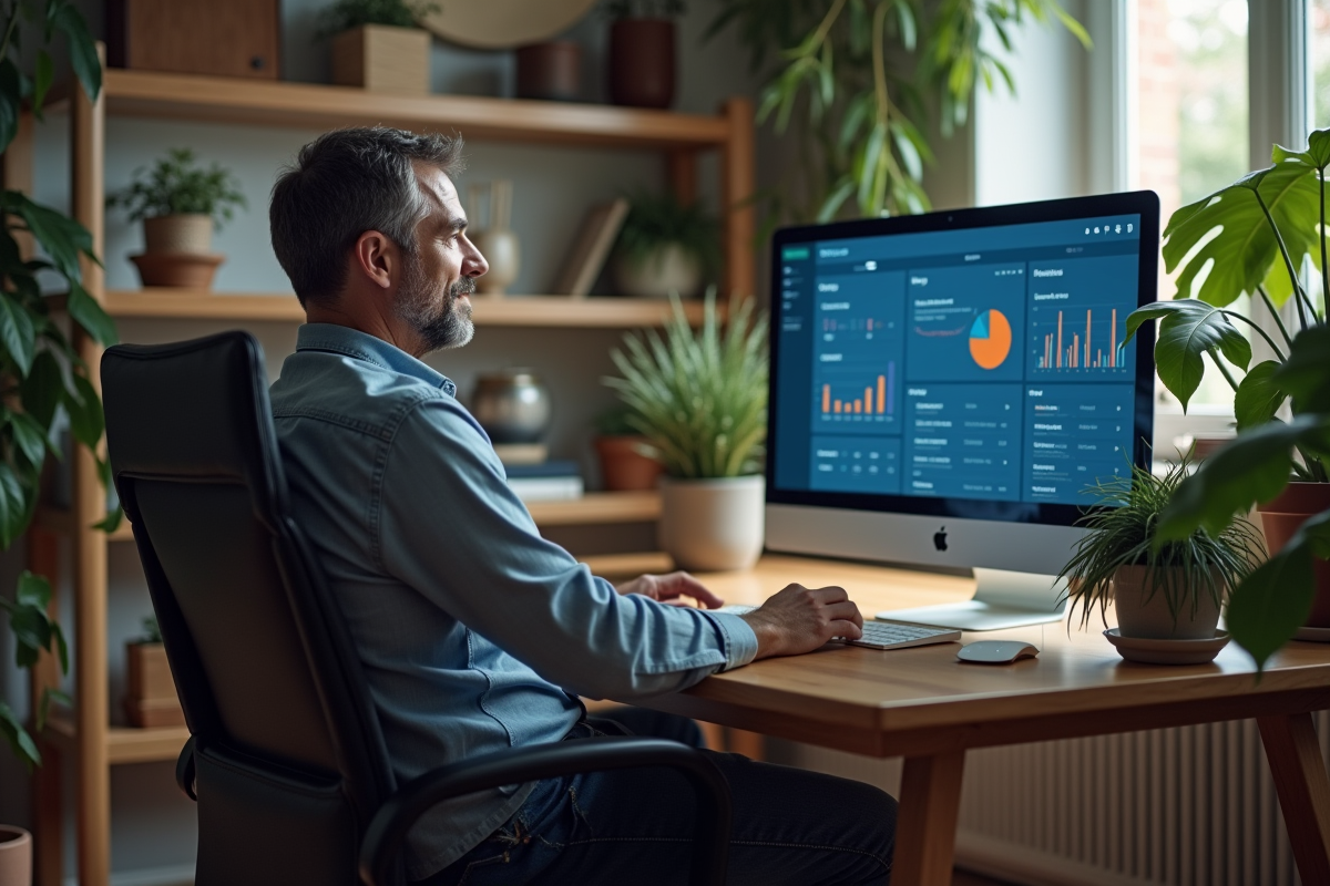 Homme détendu regardant un tableau de bord sur écran