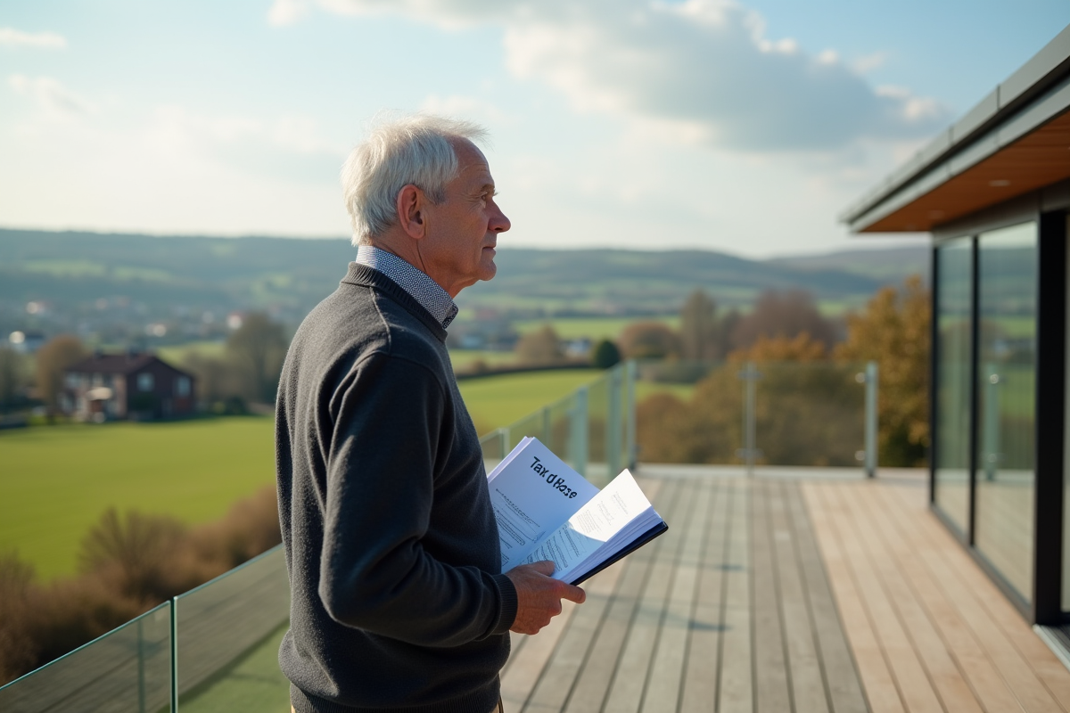 Homme âgé regardant la campagne depuis la terrasse de sa maison