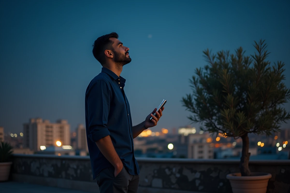 Homme sur un toit urbain la nuit regardant les étoiles avec son téléphone affichant 22h55, symbolisant l'éveil spirituel de la flamme jumelle