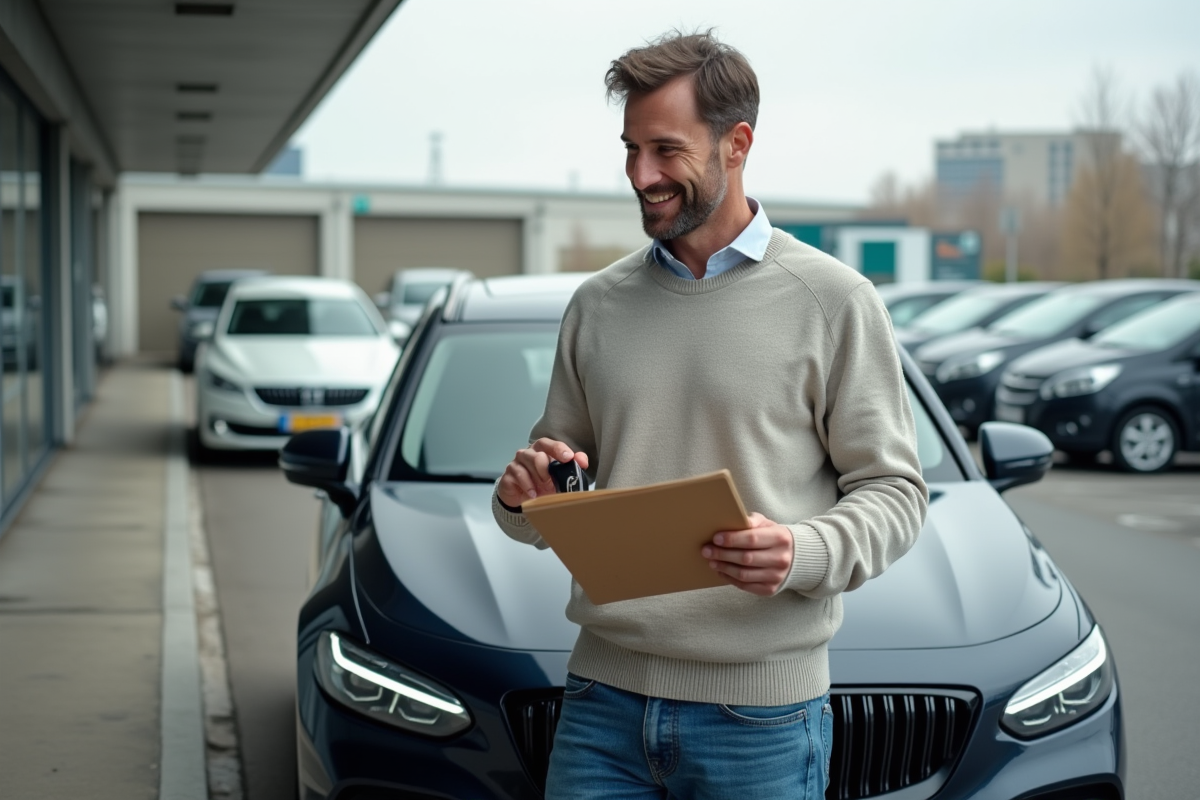 Homme en sweater regarde un dossier près d