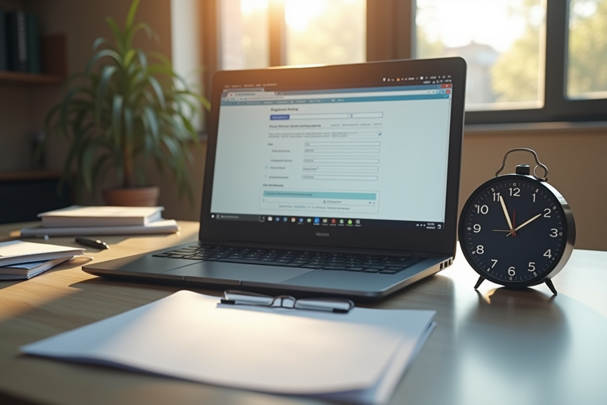 Horloge digitale et papiers avec un ordinateur portable affichant un formulaire en ligne