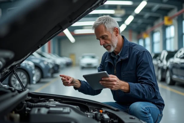 Ingénieur automobile examine une voiture moderne en extérieur