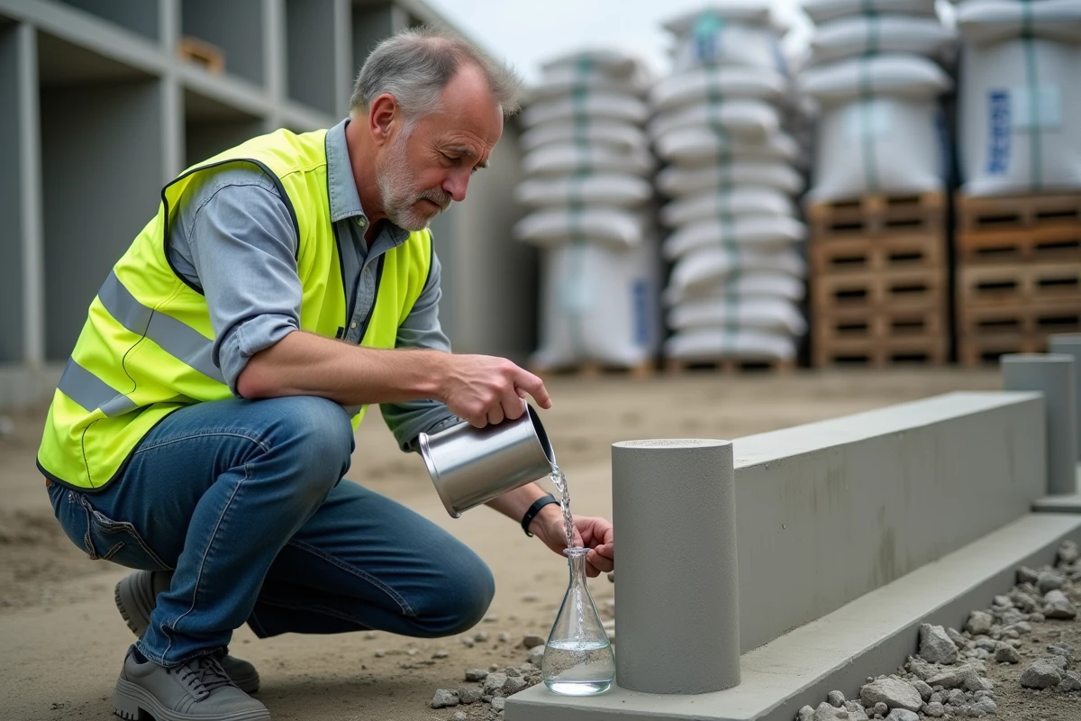 Ingénieur en chantier versant de l'eau dans un échantillon de béton