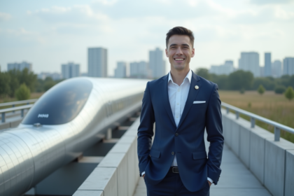Jeune ingénieur en costume sur piste Hyperloop moderne