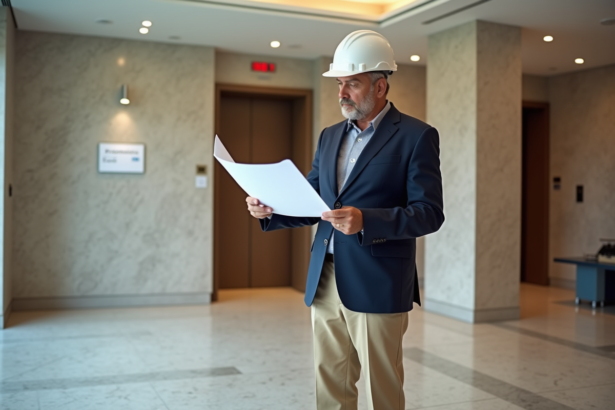 Inspecteur en bâtiment dans un hall moderne avec plans