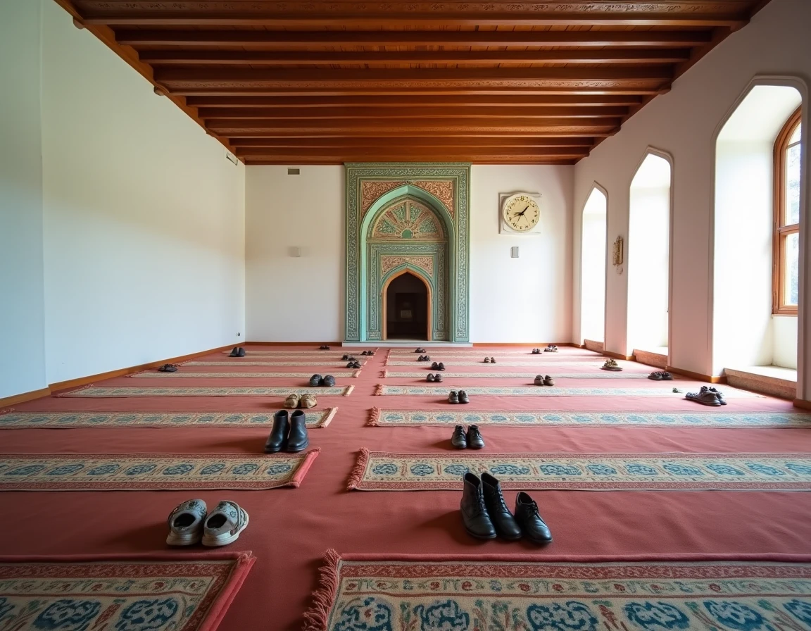 Intérieur d'une mosquée de Bordeaux avec rangées de tapis de prière alignés vers la qibla et une niche mihrab décorée