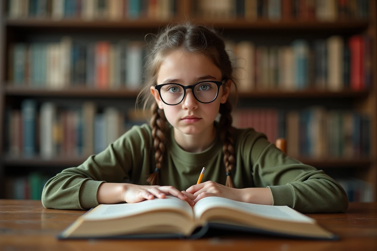 Jeune adolescente avec lunettes lisant un livre Warhammer 40K à une table de bibliothèque en bois