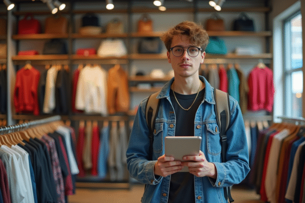 Jeune entrepreneur en streetwear dans boutique urbaine lumineuse