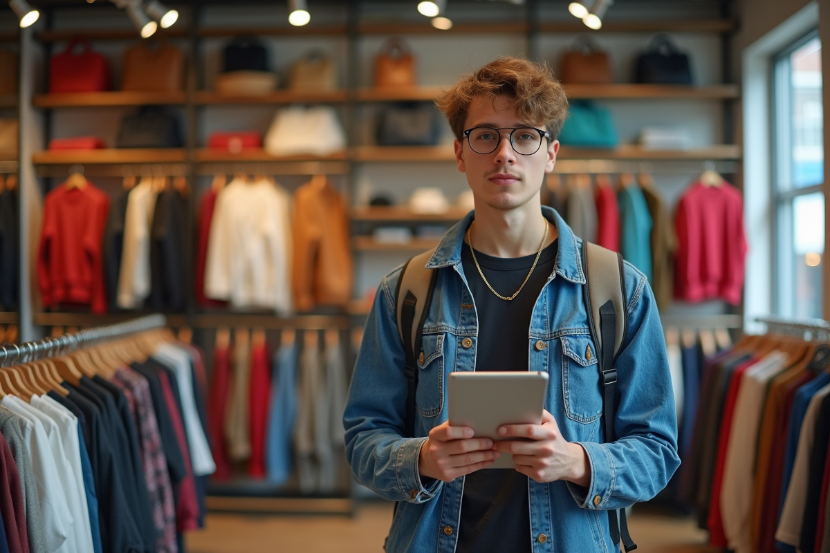 Jeune entrepreneur en streetwear dans boutique urbaine lumineuse