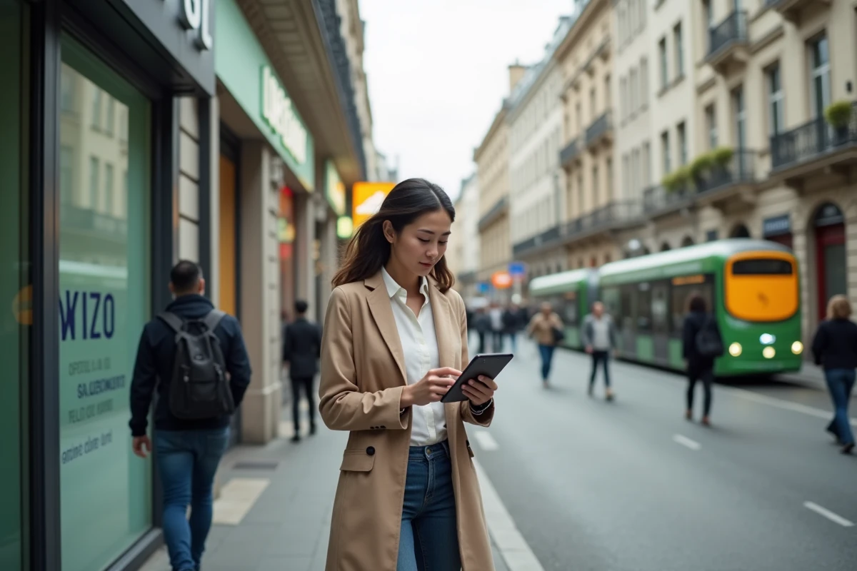 Jeune entrepreneure française vérifiant des données dans une ville innovante